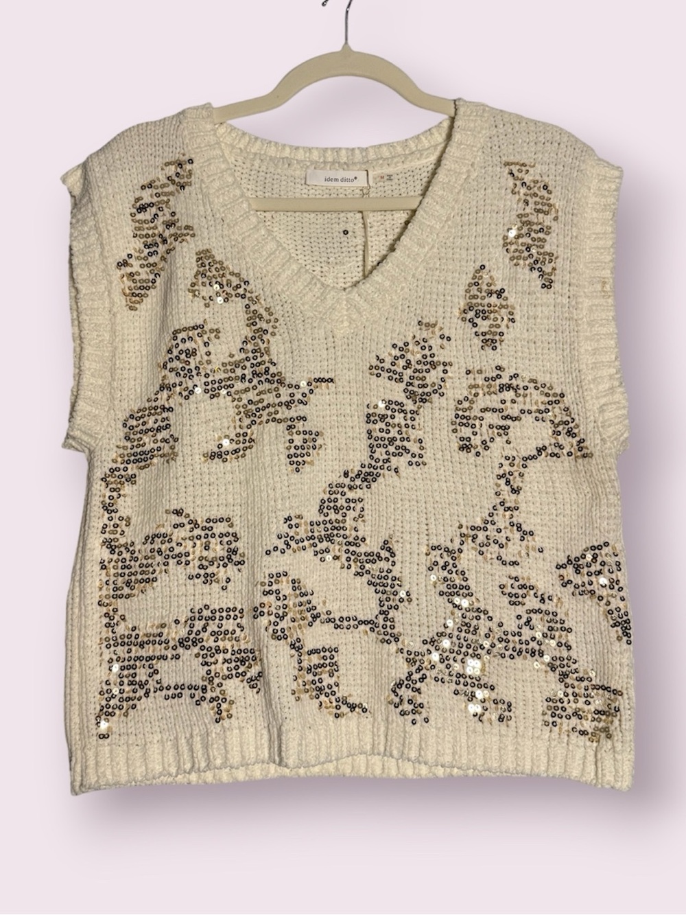 Idem Ditto Cream and Gold Sequin Knit Sleeveless Sweater Vest Size Medium